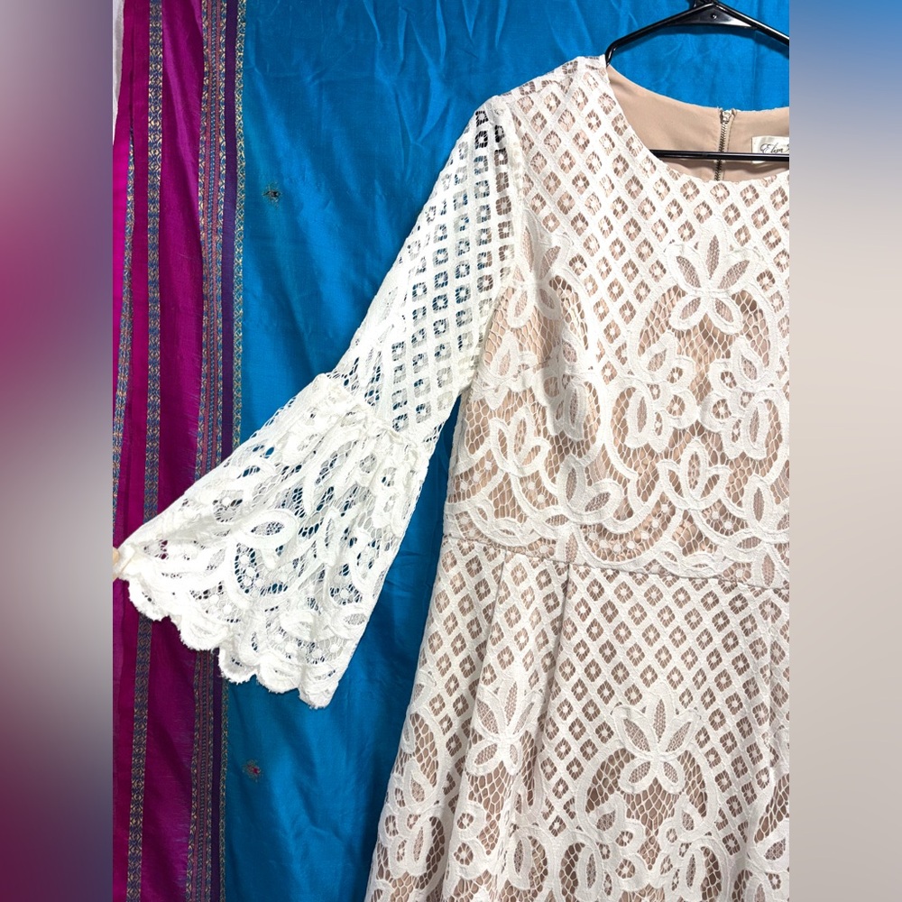Eliza J Cream lace overlay 3/4 bell sleeve fit & flare mini dress women’s 14 - Picture 7 of 16